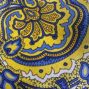 Elegant Paisley Print Silk Scarf in Blue and Yellow 14 Inch Square